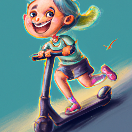תמונה של ילד רוכב על קורקינט חשמלי בצבעים עזים עם חיוך על הפנים