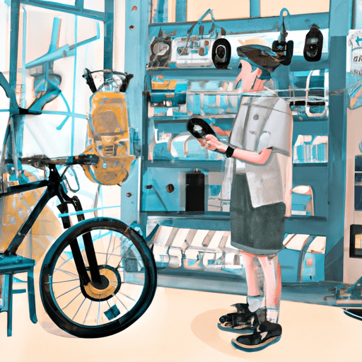 איור של אדם קונה אביזרי אופניים חשמליים בחנות מקומית