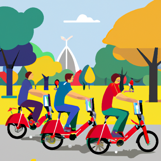 קבוצת אנשים רוכבים על אופניים חשמליים בפארק עירוני, מציגים את הפופולריות והשימוש שלהם באזורים עירוניים.